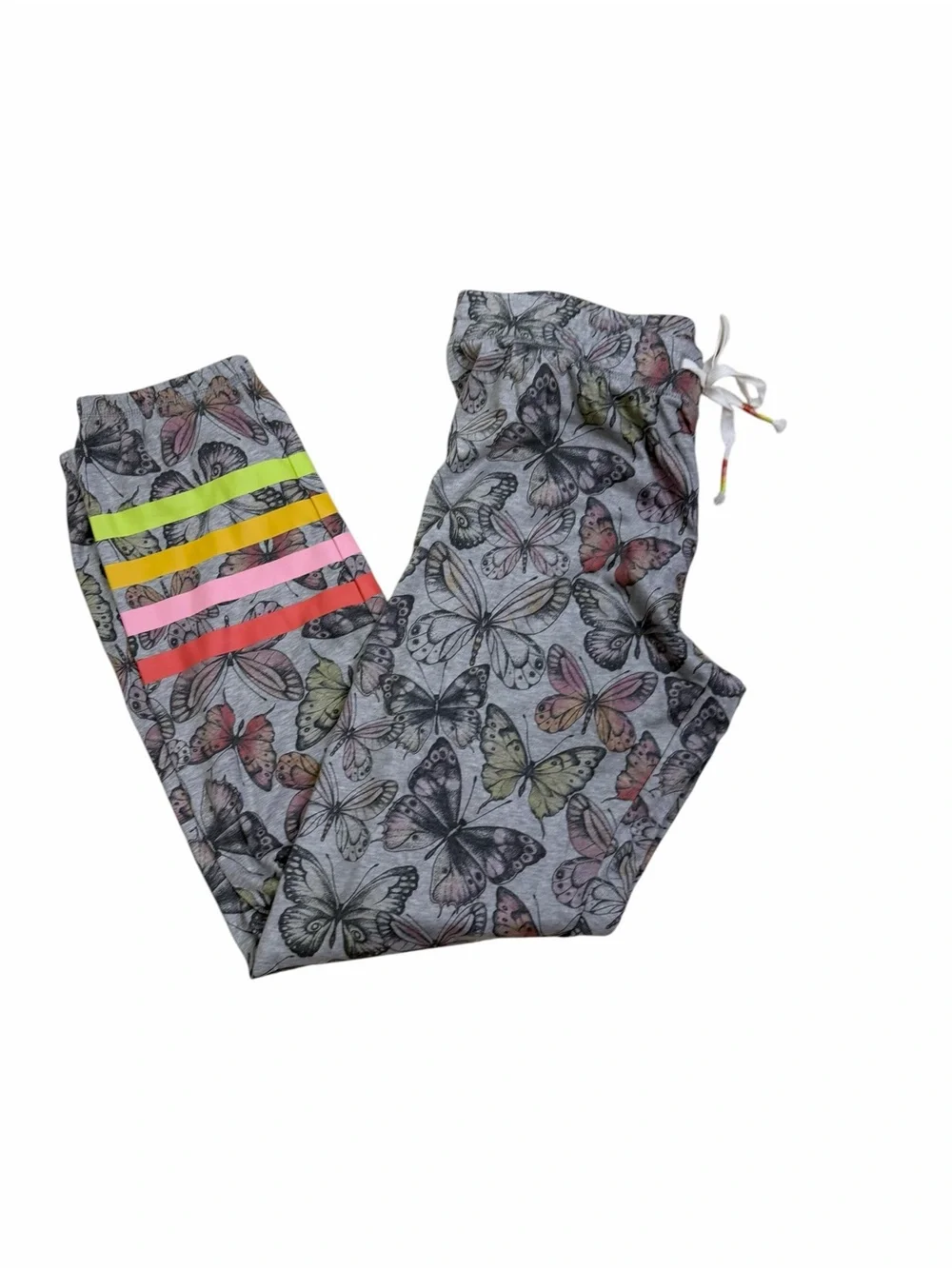 PJ Salvage Butterfly Pajama Set Womens L Gray Neon Stripe Lounge Sleepwear New